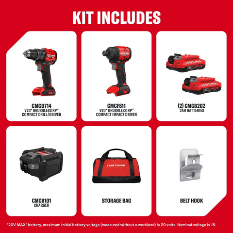 Compact Brushless Cordless Drill And Impact Driver Combo Kit Featuring Dual Amp Batteries And Rapid Charger includes drill, impact driver, batteries, charger, storage bag.