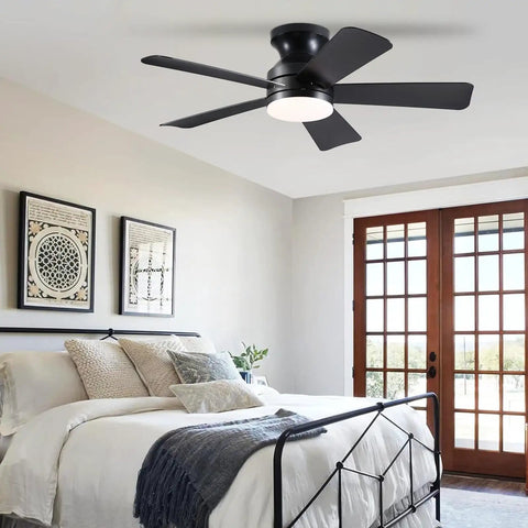 Bedroom with 41 Inch Black Flush Mount Ceiling Fan With Lights Remote Control Dope Quiet DC Motor 6 Speed Reversible 3CCT LED Dimmable Low Profile Modern Fan