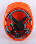 4 Point Hard Hat Replacement Suspension Kit With Shock Absorbing Liner installed in orange hard hat, front view.