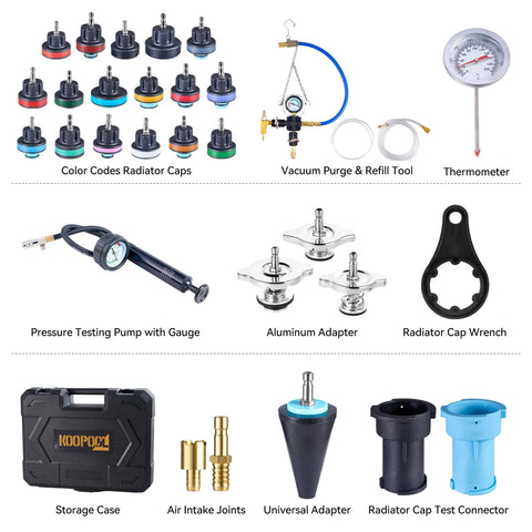 KOOPOOL 30-piece radiator pressure tester kit with gauge pump, color-coded caps, adapters, vacuum tool, and case