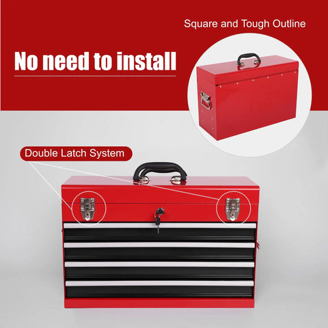 Badass 4 Drawer Tool Chest 21 Inch Steel Portable Toolbox in red with double latch system and carry handle.