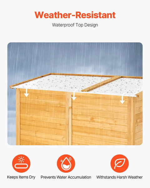 Rugged Outdoor Wood Storage Shed With Waterproof Roof And Metal Frame, highlights weatherproof design under rain.