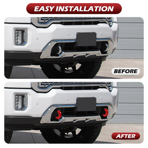 Before and after installation of Red Tow Hook Covers for GMC Sierra HD 2500 And 3500 2019 Through 2026 Custom Fit Front End