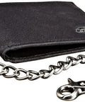 Rugged RFID Leather Bifold Chain Wallet For Men In Pebbled Black, Heavy Duty Chain And Hook, 3 Card Slots With Clear ID Window