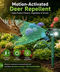 Solar Ultrasonic Deer Repellent With Motion Sensor and Flash Light for Outdoor Garden Yard Protects Flowers Vegetables and Plants From Deer Cats and Rabbits, green stake in garden