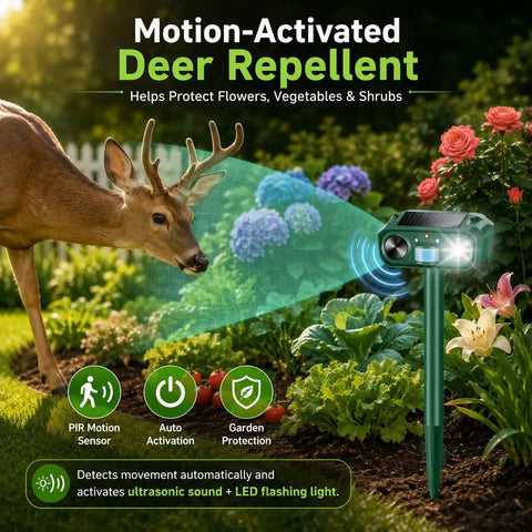 Solar Ultrasonic Deer Repellent With Motion Sensor and Flash Light for Outdoor Garden Yard Protects Flowers Vegetables and Plants From Deer Cats and Rabbits, green stake in garden