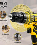 20 Volt Cordless Drill And Driver Combo Pack With Long Lasting Battery And Quick Charge Adapter Boasting Two Speed Modes Variable Trigger Lock And Twenty Five Plus One Precision Torque Adjustments Housed In Striking Yellow For Tough Jobsite Grinds And with adjustable torque settings for various materials.