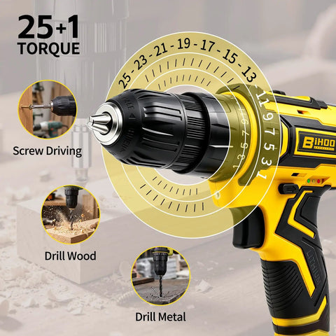 20 Volt Cordless Drill And Driver Combo Pack With Long Lasting Battery And Quick Charge Adapter Boasting Two Speed Modes Variable Trigger Lock And Twenty Five Plus One Precision Torque Adjustments Housed In Striking Yellow For Tough Jobsite Grinds And with adjustable torque settings for various materials.