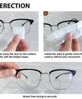 Eyeglasses being cleaned with a white pre-moistened wipe on black-frame frames.