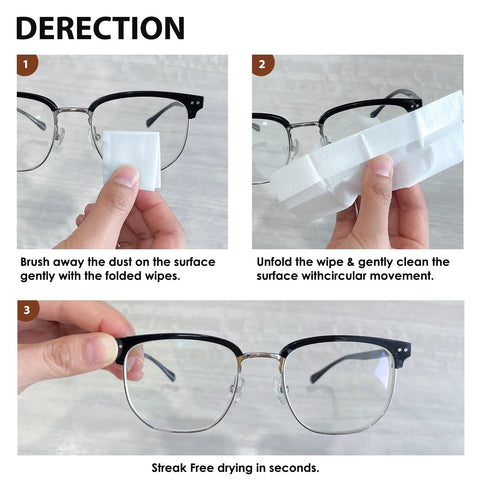Eyeglasses being cleaned with a white pre-moistened wipe on black-frame frames.