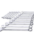 Premium Pro Grade 15 Piece SAE Wrench Set With Rack Organizer Long Pattern Design V Groove Open End And 12 Point Box Ends CrV Steel Mirror Chrome Finish From 1/4 Inch To 1 Inch, laid out on white