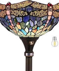 Tiffany Style Sea Blue Stained Glass Dragonfly Floor Lamp, 71 Inch Tall Torchiere With 12x12 Shade, Antique Bronze Base.