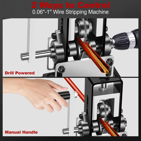 Drill Powered Manual Wire Stripping Machine For 0.06 To 1 Inch Wires with drill and hand crank in action