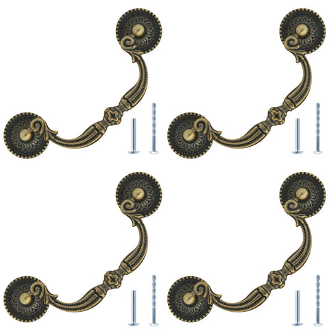Four Pcs Vintage Bronze Bail Drop Drawer Pull Handles Set with Screws for Cabinets Furniture Kitchen Wardrobe and Cupboard Antique Bronze Cabinet Pulls 124 Millimeters Total Length 96 Millimeters Hole Center 3.75 Inch Zinc Alloy Construction