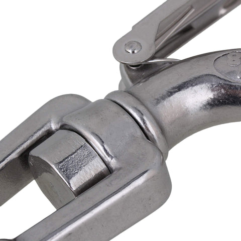 Close-up of 304 Stainless Steel American Type Swivel Lifting Clevis Chain Hook With Latch, showcasing latch and swivel mechanism.