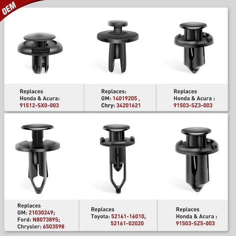 Universal Car Retainer Clip Kit With Remover, 120 Pieces showing different nylon push rivet designs and part numbers.