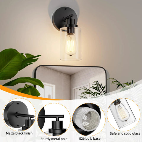 One Light Matte Black Bathroom Wall Sconce With Clear Glass Shade And E26 Base Modern Vanity Light Fixture For Mirror Bedroom And Hallway