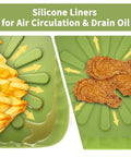 2 Pack 9 Inch Square Silicone Air Fryer Liners For 6 Qt To 9 Qt Reusable Large Air Fryer Insert showing green liner with food