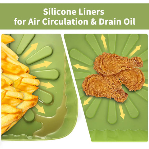 2 Pack 9 Inch Square Silicone Air Fryer Liners For 6 Qt To 9 Qt Reusable Large Air Fryer Insert showing green liner with food