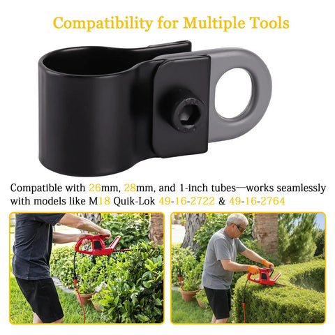 Badass Weed Eater Shoulder Strap Clamp Bracket compatible with 26Mm and 28Mm tubes, shown from the front.