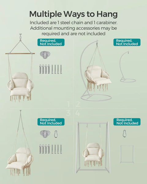 Hangin Hammock Chair With Large Cushy Cushion, Boho Swing Chair For Bedroom, Patio, Balcony Or Garden, Sturdy Metal Frame With Tight Rope, Supports Up To 264 Lb, Cream White, Accessories Included with multiple hanging options.