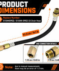 Beefed Up Flex Drain Oil Hose dimensions, 16.1 in long, 3/4 in diameter, showing end connection details.