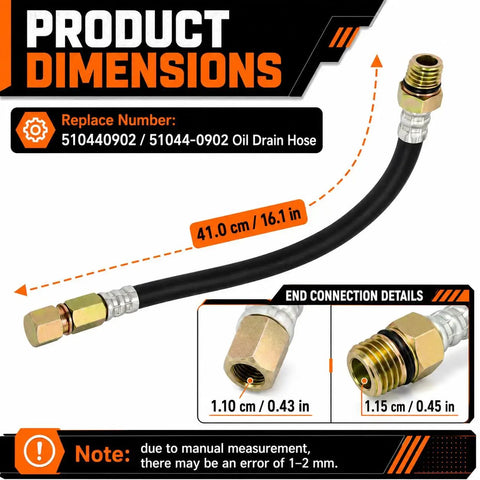 Beefed Up Flex Drain Oil Hose dimensions, 16.1 in long, 3/4 in diameter, showing end connection details.