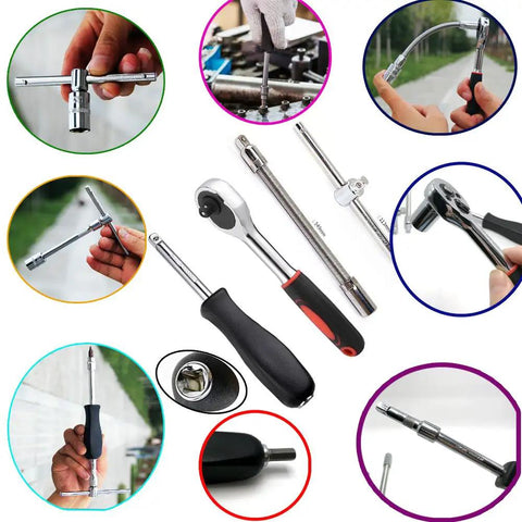 46 Piece One Quarter Inch Drive Socket Ratchet Set For Auto And Home Repair with reversible mechanism and rubber grip handle.