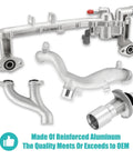 Beat Engine Stress Quickly With This Sturdy Aluminum Water Pump And Thermostat Housing Top Crossover Hose Bolted Secure On Your 5.0L V8 Range Rover Setup. Aluminum parts and hose showcase durability for Land Rover.