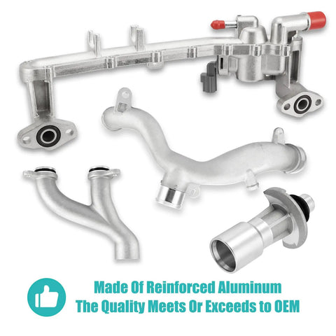 Beat Engine Stress Quickly With This Sturdy Aluminum Water Pump And Thermostat Housing Top Crossover Hose Bolted Secure On Your 5.0L V8 Range Rover Setup. Aluminum parts and hose showcase durability for Land Rover.