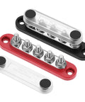Top Shelf Mini Bus Bar Power Distribution Block 150A Tin Plated Copper 48V Dc 300V Ac Terminals in red, black, and silver.