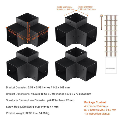 Beefy Heavy Duty 4 Piece 3 Way Corner Bracket Kit For 6x6 Posts Carbon Steel With Black Powder Coat, screws and dimensions shown