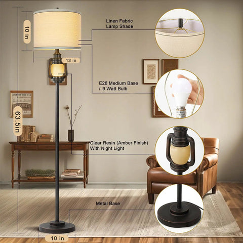 Vintage Industrial Floor Lamp With Linen Shade, Tall 63.5 Inch Standing Lamp For Living Room, Bedroom, Study Or Home Office