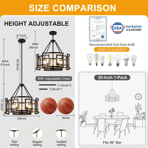 Image showing Twenty Inch Five Light Farmhouse Chandelier Featuring Walnut Wood And Matte Black Metal with adjustable height options.