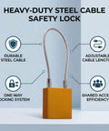 Heavy Duty Steel Cable Safety Lock with Instant Locking, 3 cable lengths shown, orange and steel lockout padlock with diagram