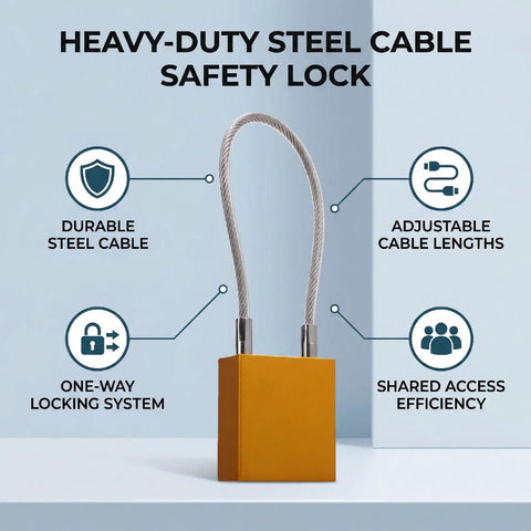 Heavy Duty Steel Cable Safety Lock with Instant Locking, 3 cable lengths shown, orange and steel lockout padlock with diagram