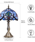Tiffany Style Blue Stained Glass Table Lamp Vintage Accent Light For Bedroom Living Room Or Home Office 12x12x19 Inches Includes 2 LED Bulbs