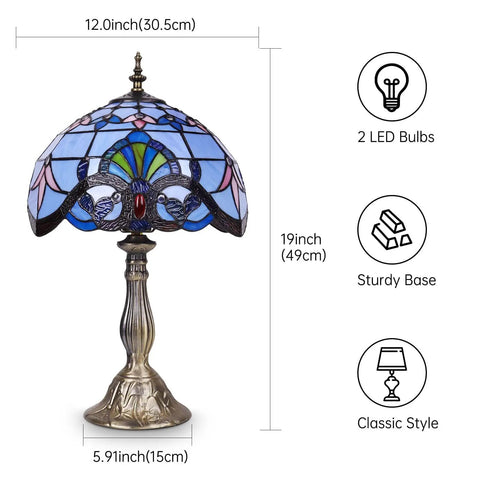 Tiffany Style Blue Stained Glass Table Lamp Vintage Accent Light For Bedroom Living Room Or Home Office 12x12x19 Inches Includes 2 LED Bulbs