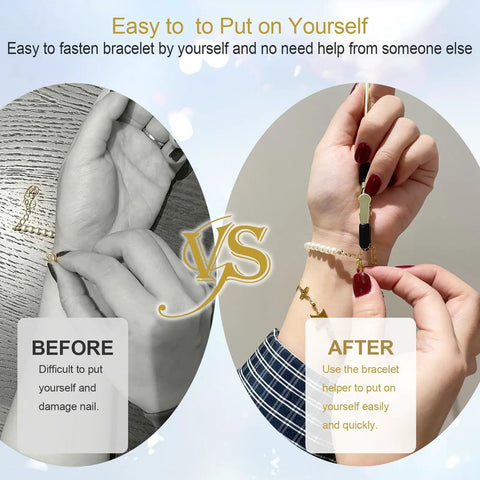 Before and after using Three Piece Bracelet Helper Tool Set With Quick Release Hooks For Jewelry, Watches And Chains, Easy To Put On By Yourself, No Fuss Fastening, Durable Metal With Non Slip Rubber Tips For Secure, Comfortable Wear