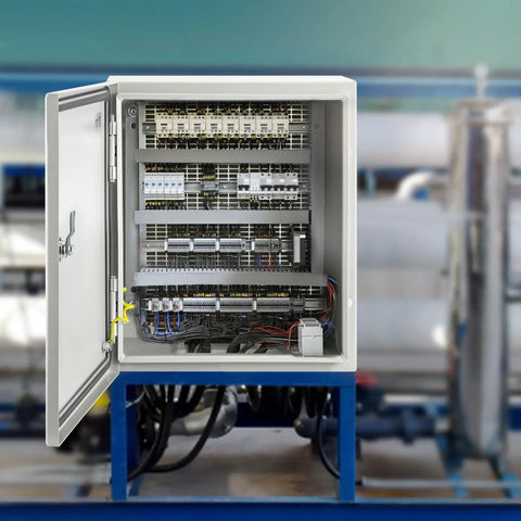 Heavy Duty 12 X 10 X 6 Inch Steel Electrical Enclosure Nema 4x IP66 opened, showing organized wiring and components.