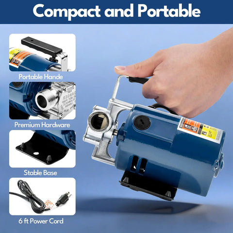 Heavy Duty Portable Electric Water Transfer Pump Moves 330 Gallons Per Hour With Low Suction Tech Featuring Complete Hose Kit, compact size and portable handle.