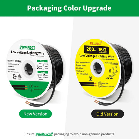 New and old packaging of Low Voltage Landscape Wire 16 Gauge 2 Conductor Outdoor Lighting Cable 200 Feet Black Flexible Direct Burial For Yard Lights