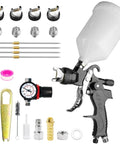 Shop Grade Hvlp Spray Gun Kit With Four Quick Change Nozzles And Easy Adjust Air Valves Designed For Auto Restomod Garage Workbench Tasks And Weekend Renovations Providing Boss Level Primer Applications, showing gun and accessories.