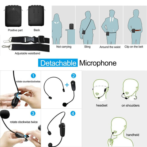 Image showing Bluetooth Voice Amplifier With Portable Speaker And Wireless Microphone For Teachers Tour Guides Public Speakers And Fitness Instructors 15W Mute Feature Gig Ready For Large Rooms WB002, depicting use and assembly.