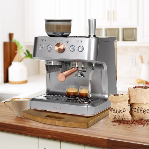 Solid Wood Sliding Tray For Coffee Makers And Heavy Kitchen Appliances, 360-Degree Rolling Wheels displayed with espresso maker