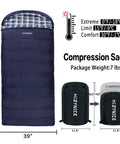 Ultra Roomy Adult Sleeping Bag For Cold Weather Navy Blue With Right Zip 0F Extreme Temperature 30F Comfort 15F Lower Limit XL XXL