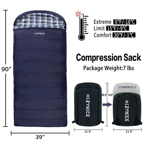 Ultra Roomy Adult Sleeping Bag For Cold Weather Navy Blue With Right Zip 0F Extreme Temperature 30F Comfort 15F Lower Limit XL XXL