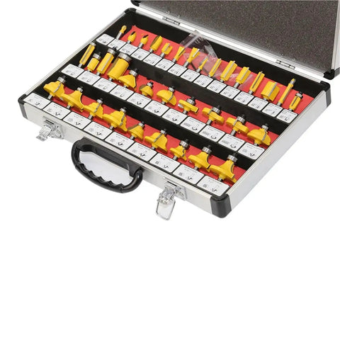 Slick Tungsten Carbide Router Bit Set Featuring Badass One Quarter Inch Shank And Premium Thirty Five Piece Woodworking Cutters organized in a sturdy case.