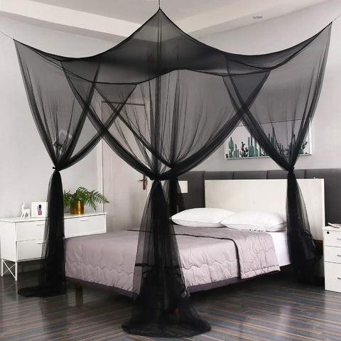 Black Bed Canopy With Mosquito Net For Full Queen And King Size Beds Indoor Or Outdoor Use Easy Access Four Openings All Around Protection From Insects Modern Gothic Halloween Decor Curtains For Bedroom Or Patio installed over a bed