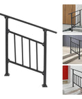 Heavy Duty Three Step Outdoor Steel Handrail Featuring Integrated Child Guard Panel And Weather Resistant Finish For Front Porch Stairs, black mounted view.